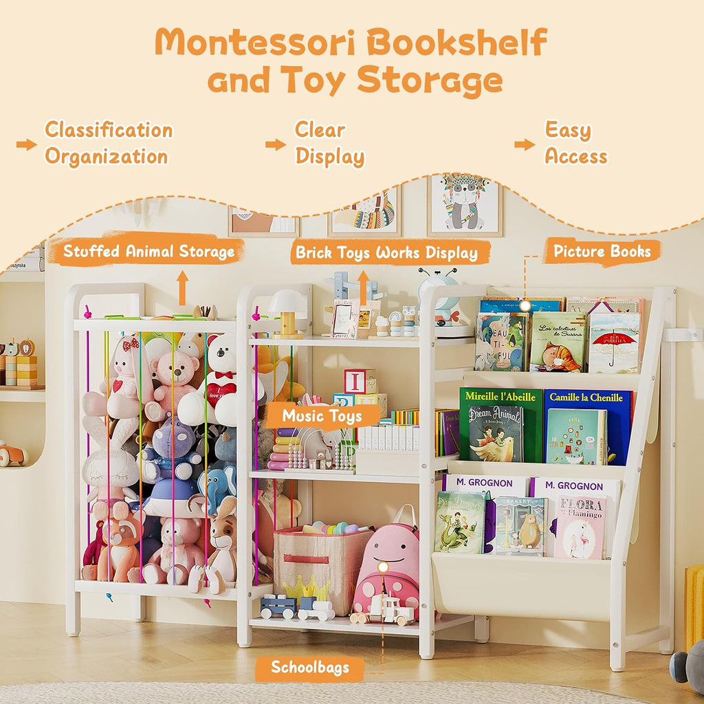 B1 Kids Bookshelf and Toy Storage, 3-Tier Book Shelf for Kids Rooms, Sling Baby Bookcase with Stuffed Animal Storage, Montessori Toddler Bookshelf for Nursery, Bedroom, Playroom, White
