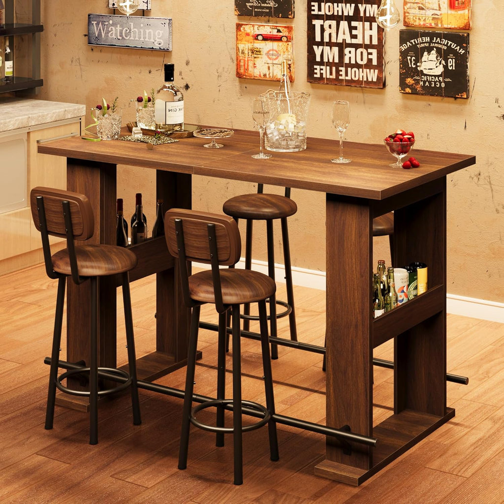Garvee 63-Inch Bar Table, Wooden Home Coffee Bar Unit with Storage, Farmhouse Counter Height Pub Table with Metal Footrest for Home Kitchen, Dining Room, Bistro, Living Room, Walnut