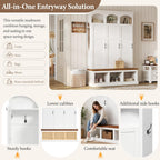 LUMISOL Farmhouse Hall Tree with 3 Hidden Storage for Hallway, Arched Design Mudroom Organizer with Walnut Bench, All-in-One Entryway Bench with Shoe Storage and 5 Hooks, White