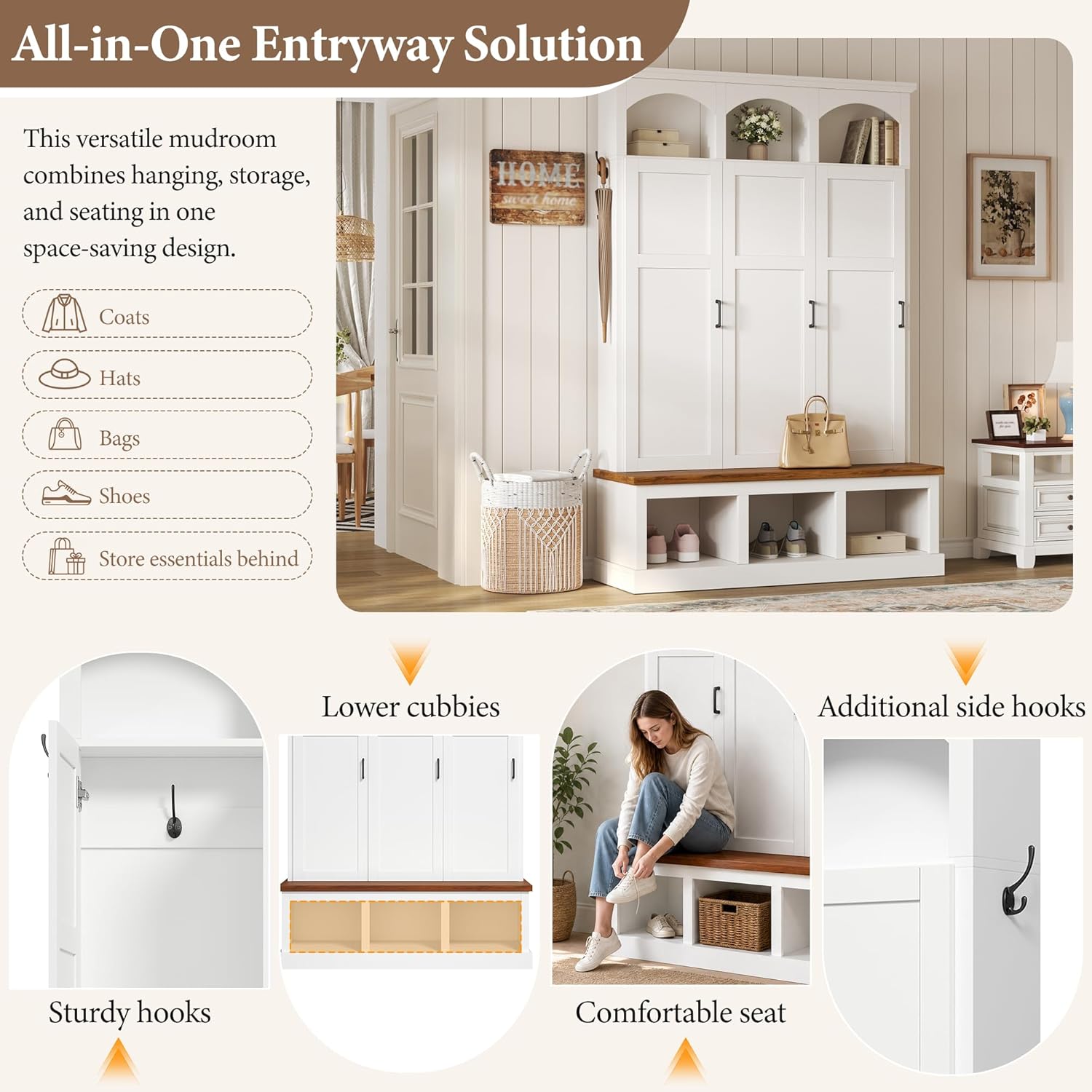 LUMISOL Farmhouse Hall Tree with 3 Hidden Storage for Hallway, Arched Design Mudroom Organizer with Walnut Bench, All-in-One Entryway Bench with Shoe Storage and 5 Hooks, White