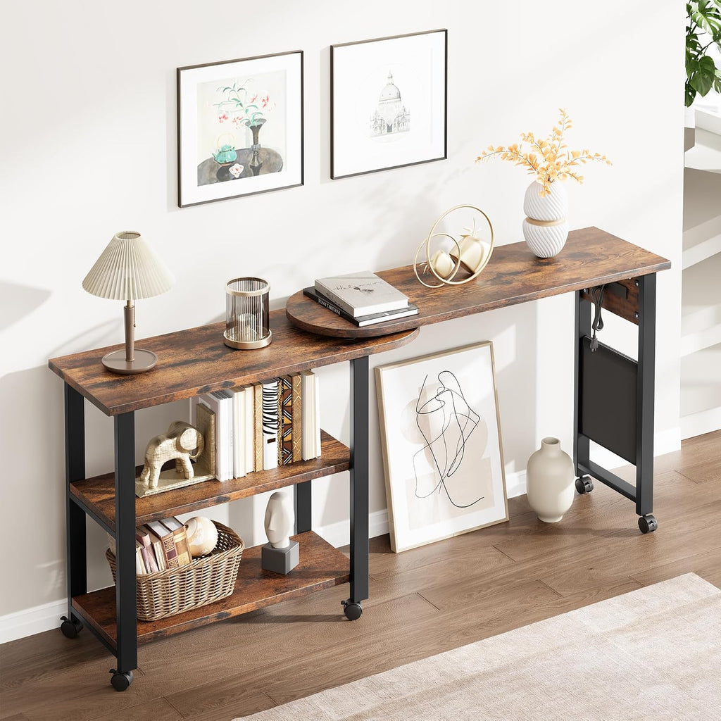 Takywep 360° Rotating End Table with Charging Station, Movable Swivel Side Table with Extra Storage Bag and Lockable Wheels, Versatile Furniture for Bedroom, Living Room, Office