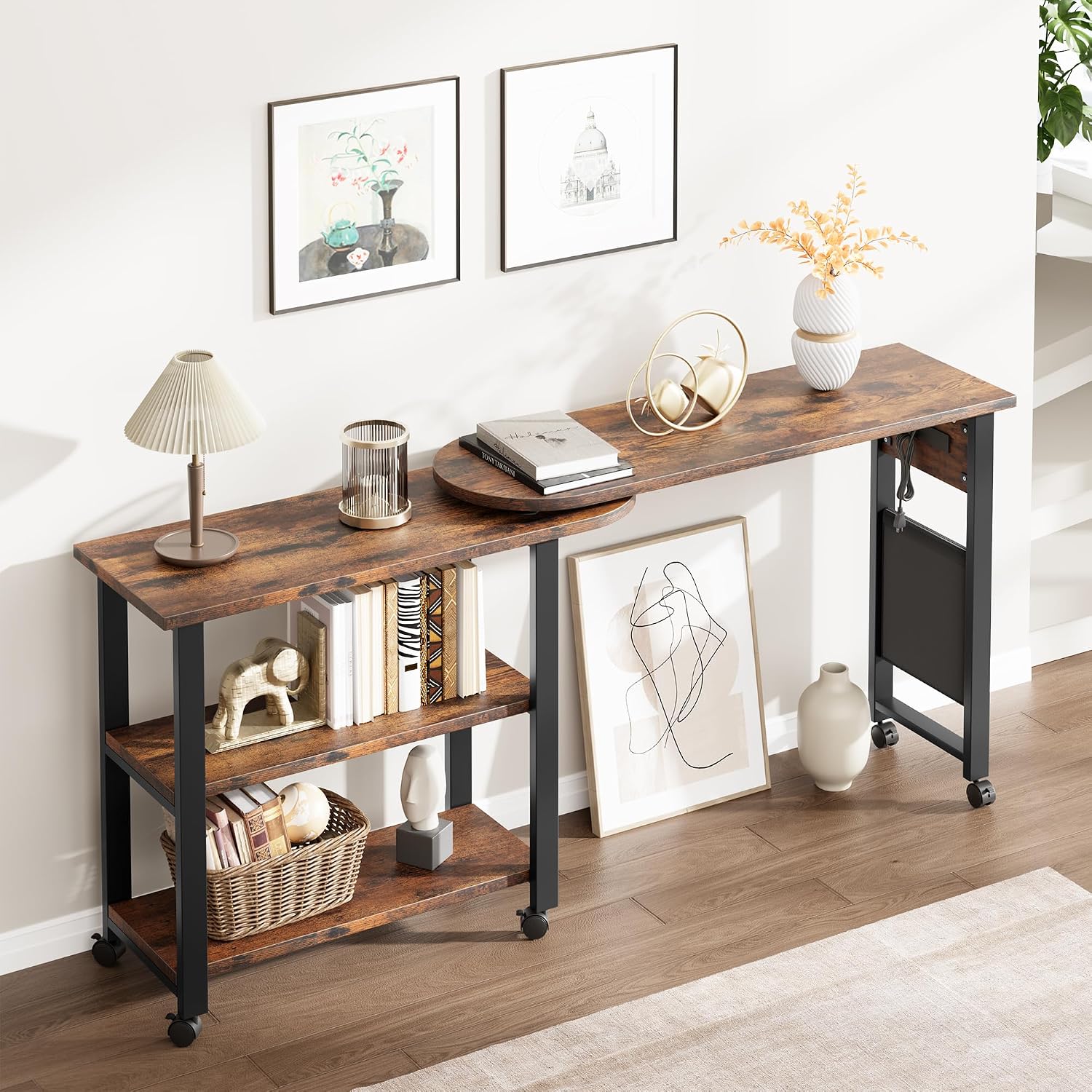 Takywep 360° Rotating End Table with Charging Station, Movable Swivel Side Table with Extra Storage Bag and Lockable Wheels, Versatile Furniture for Bedroom, Living Room, Office