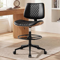 Drafting Chair with Adjustable Footrest, Armless Modern Tall Office Chair for Standing Desk, PU Leather Swivel Stool in Curved Bentwood Style, Ergonomic Rolling Walnut Chair for Office(Black)