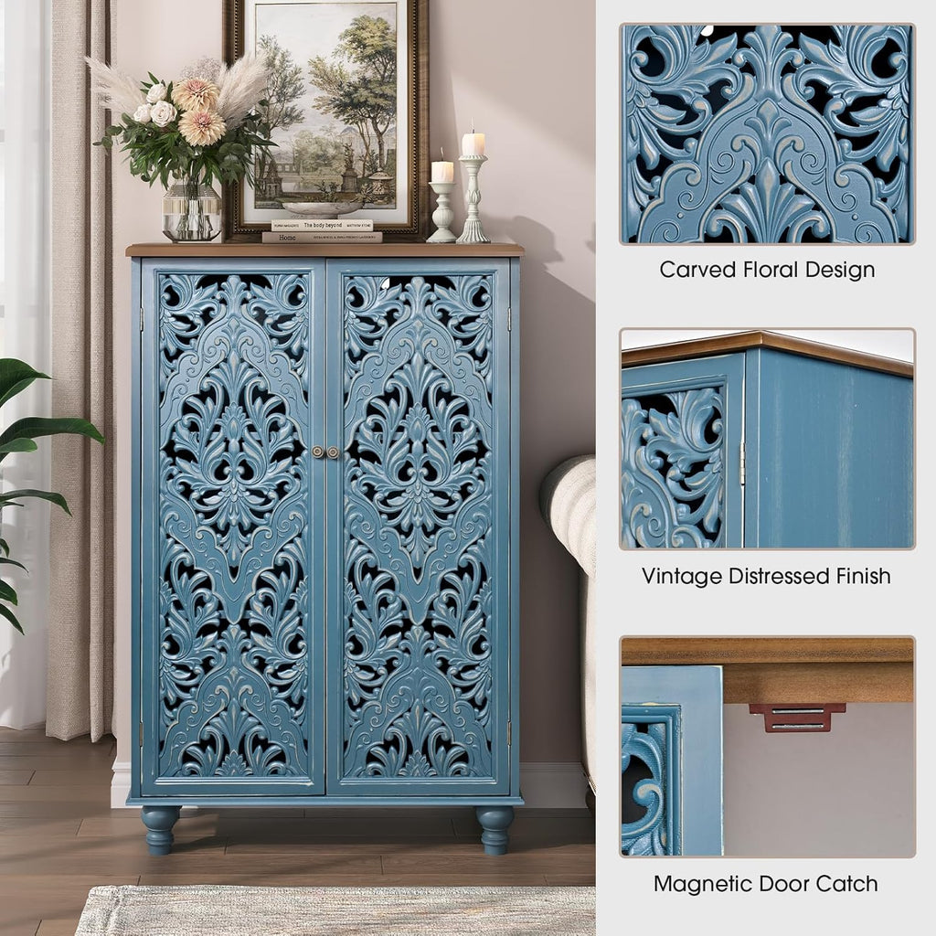 Jiansu furni Buffet Sideboard Cabinet with Hand-Carved Doors,Tall Storage Cabinet for Dining Room, Vintage Wood Accent Cabinet with Shelves, Slim Floor Cupboard for Kitchen & Entryway(Blue & Walnut)