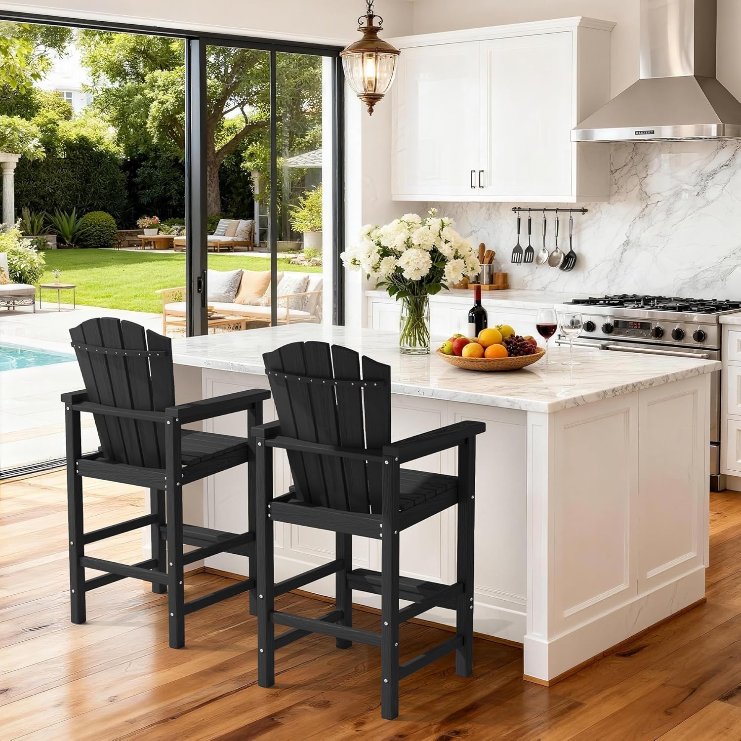 KINGYES Tall Adirondack Chair Set of 2 with Double Connecting Trays, Outdoor HDPE Adirondack Barstools, High Airondack Chair with Wood Grain, Embossed Balcony Chair for Backyard, Black