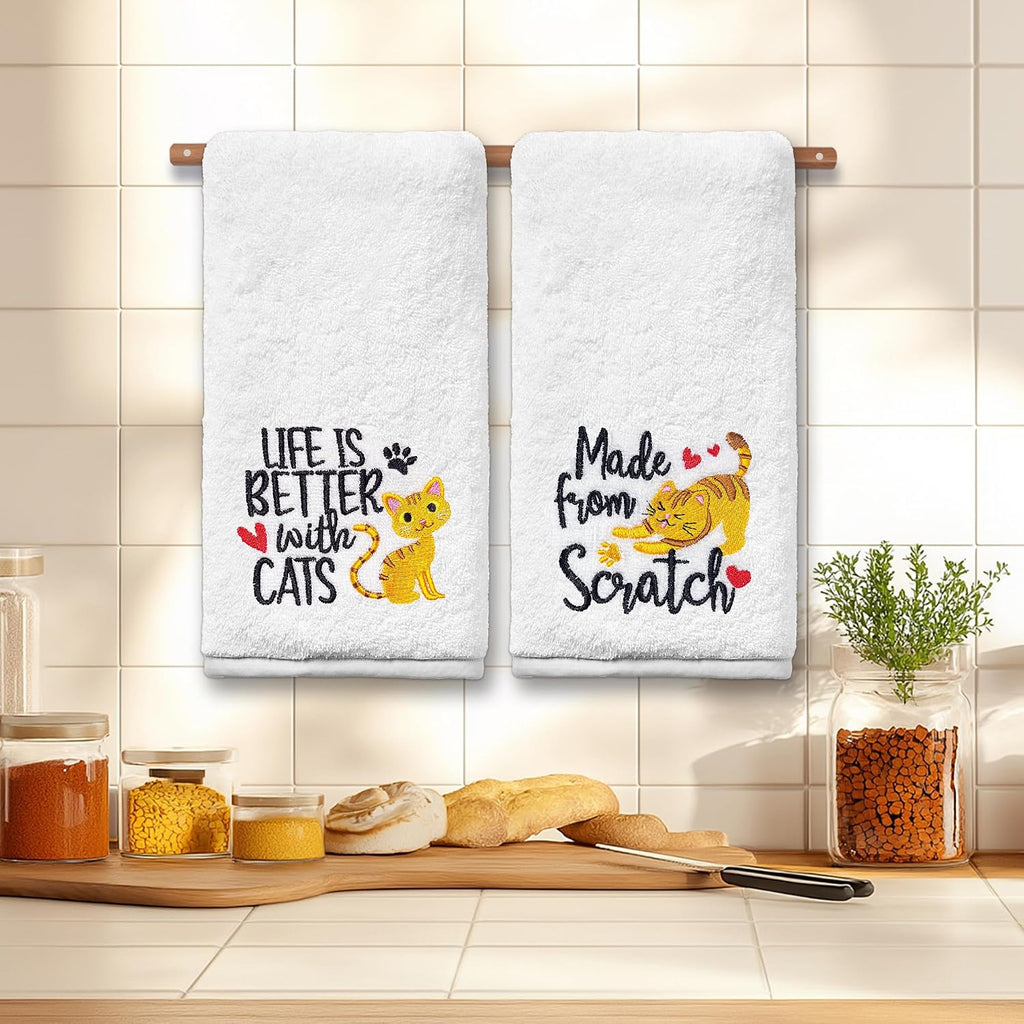 FUTBU Cat Hand Towels for Bathroom - Set of 2, Embroidered Cat Lover Gifts, Soft Cotton 14x30 Inches