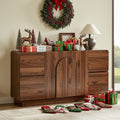 ONBRILL 60 Inch Sideboard with 4 Drawers & Adjustable Shelves, Curved Design Buffet Cabinet with Arched Doors, Mid Century Modern Accent Cabinet for Dining Room/Living Room/Entryway, Walnut