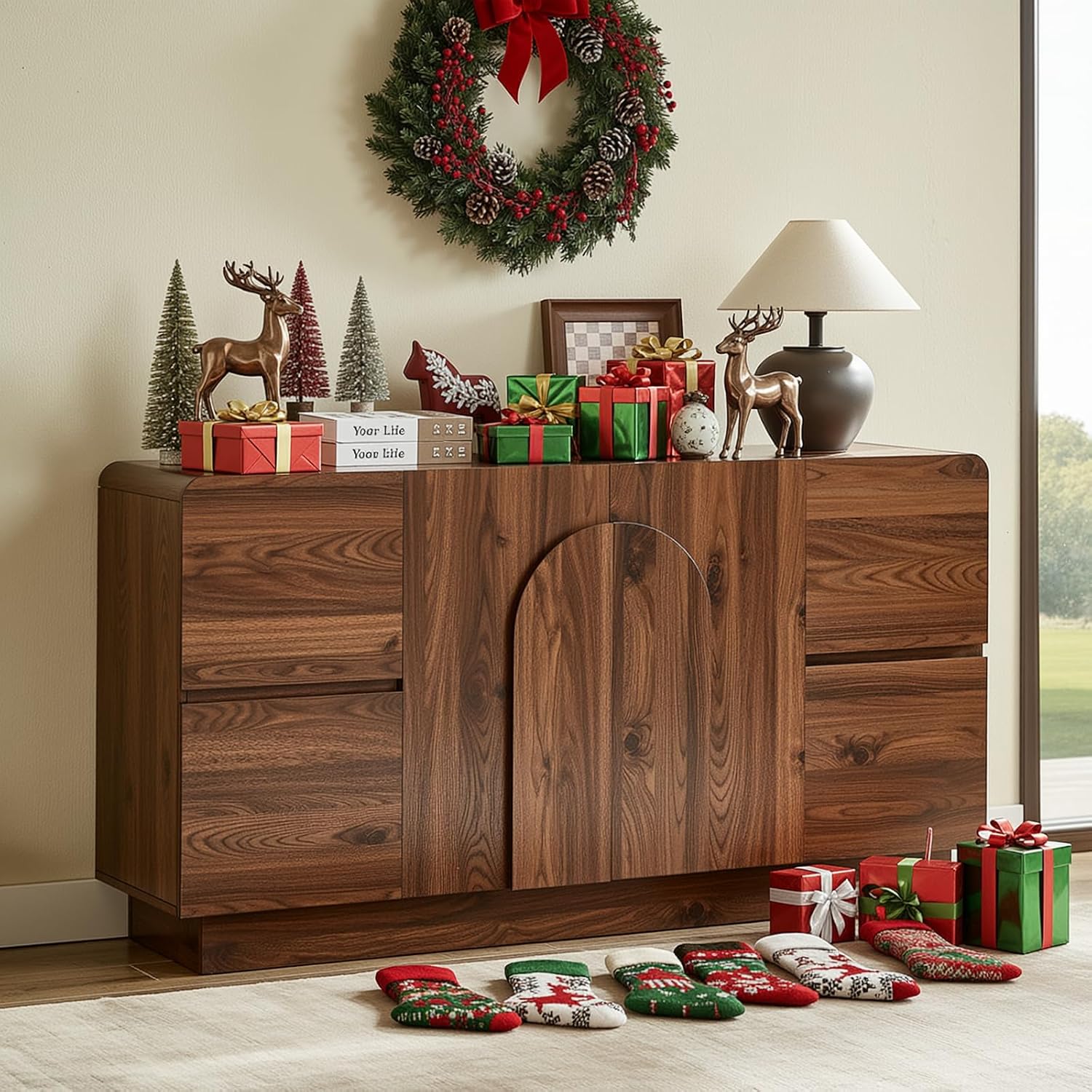 ONBRILL 60 Inch Sideboard with 4 Drawers & Adjustable Shelves, Curved Design Buffet Cabinet with Arched Doors, Mid Century Modern Accent Cabinet for Dining Room/Living Room/Entryway, Walnut