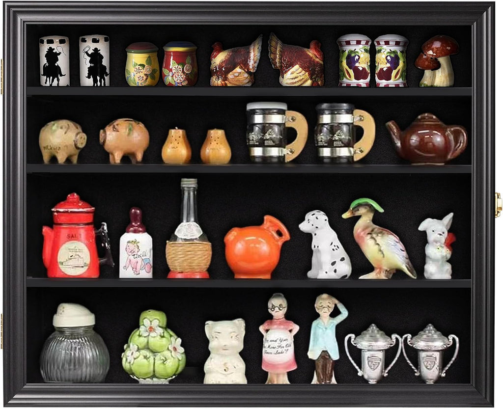 Shot Glass Shooter Display Case Small Wall Curio Cabinet for Salt & Pepper Shaker Display Also Compatible with Funko Pop Figures, Nodder Wobbler Figures - Black Frame