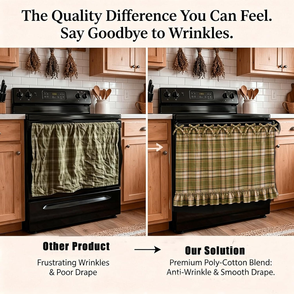 Handmade Farmhouse Hidden Skirt Curtain, Tie Top Heat‑Resistant Kitchen Curtain with Ruffles & Ribbon Ties for Oven, Stove & Dishwasher, Rustic Kitchen Décor (Brown, 22" W x 28" L)