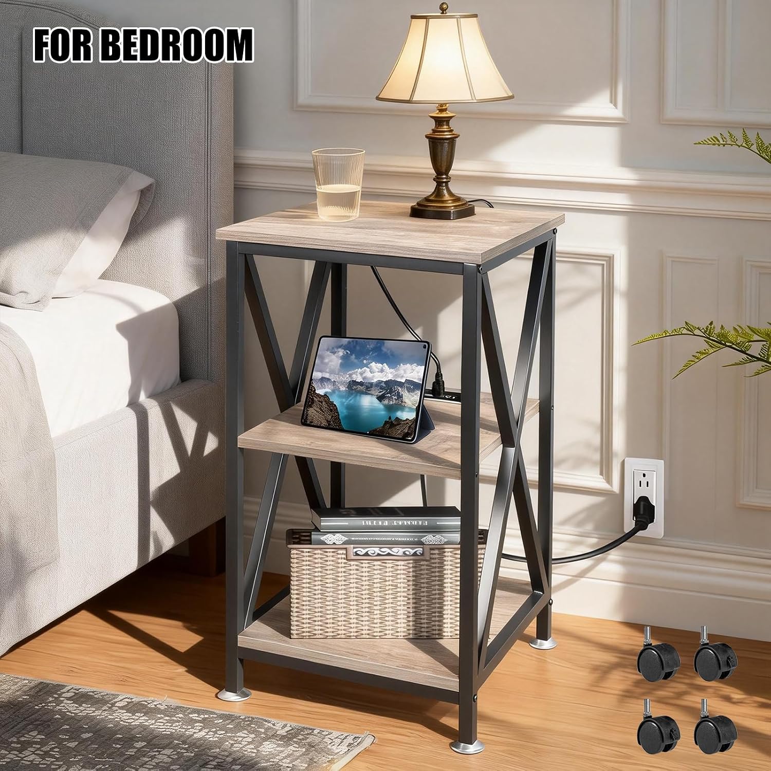 Square End Table with Charging Station, 3-Tier End Table Living Room, 16" D X 16" W X 28" H, Wood and Metal Table with USB Ports and Outlets, Side Table with Wheels for Living Room, Bedroom, Grey