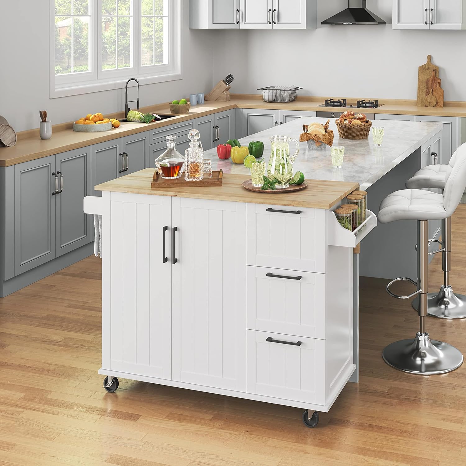 Yaheetech Kitchen Island with Drop-Leaf Breakfast Bar, 53" Width Kitchen Cart on 5 Universal Wheels with Rubberwood Top, Storage Cabinet, 3 Drawers, and Spice Rack for Dining Room, White