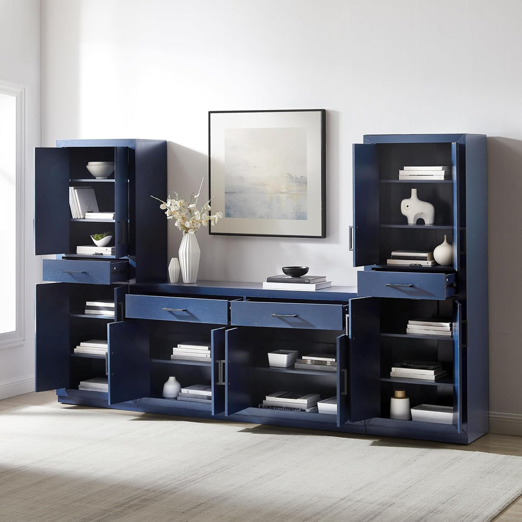 Crosley Furniture Isla 3-Piece Modern Sideboard Buffet Cabinet and Kitchen Storage Pantry Set, Navy