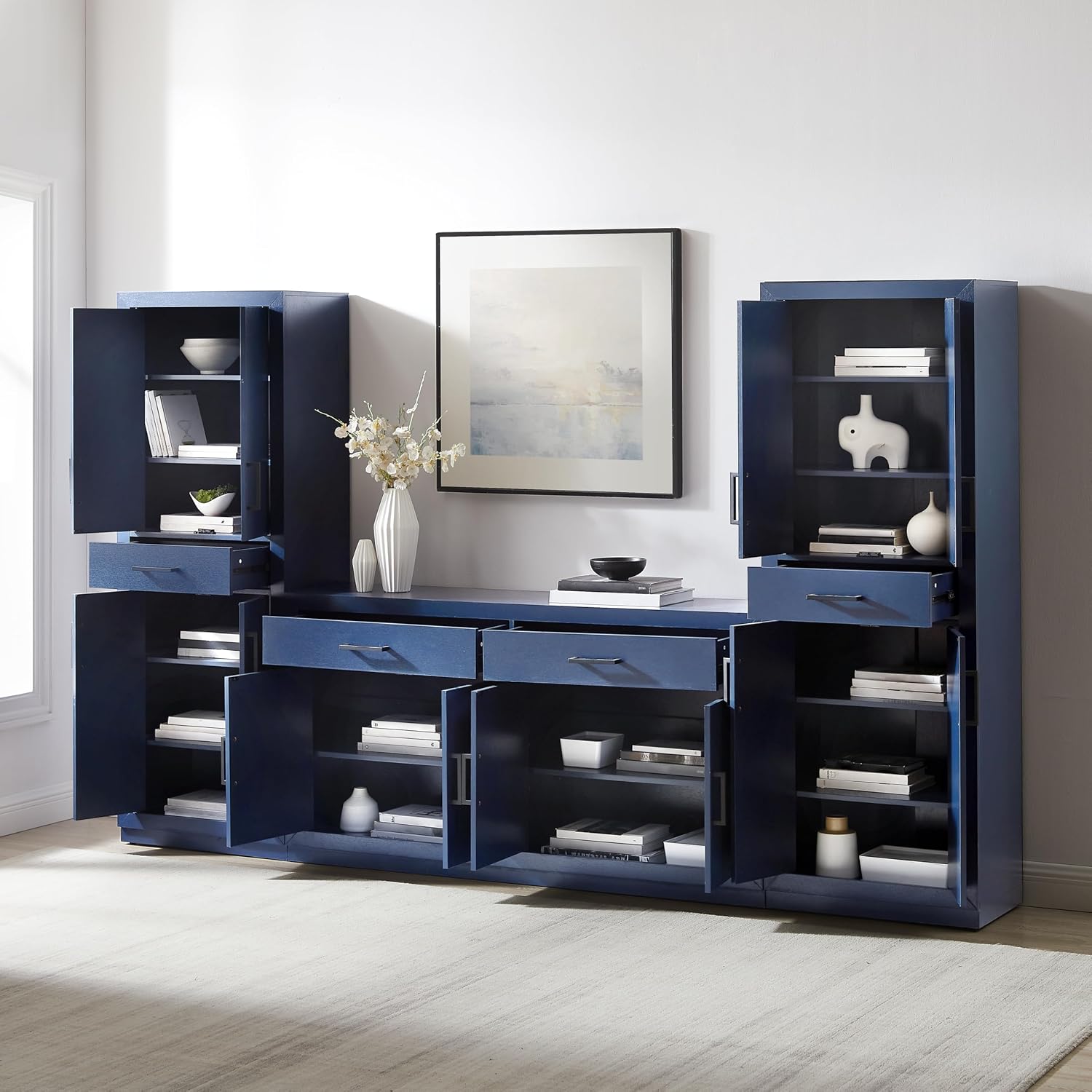 Crosley Furniture Isla 3-Piece Modern Sideboard Buffet Cabinet and Kitchen Storage Pantry Set, Navy