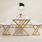 GarveeHome Kitchen Table with 2 Benches, Dining Table Set for 4 with Faux Marble Tabletop, Saving Space Dining Room Table Set for Kitchen, Dining Room, Apartment, Sturdy Metal Frame