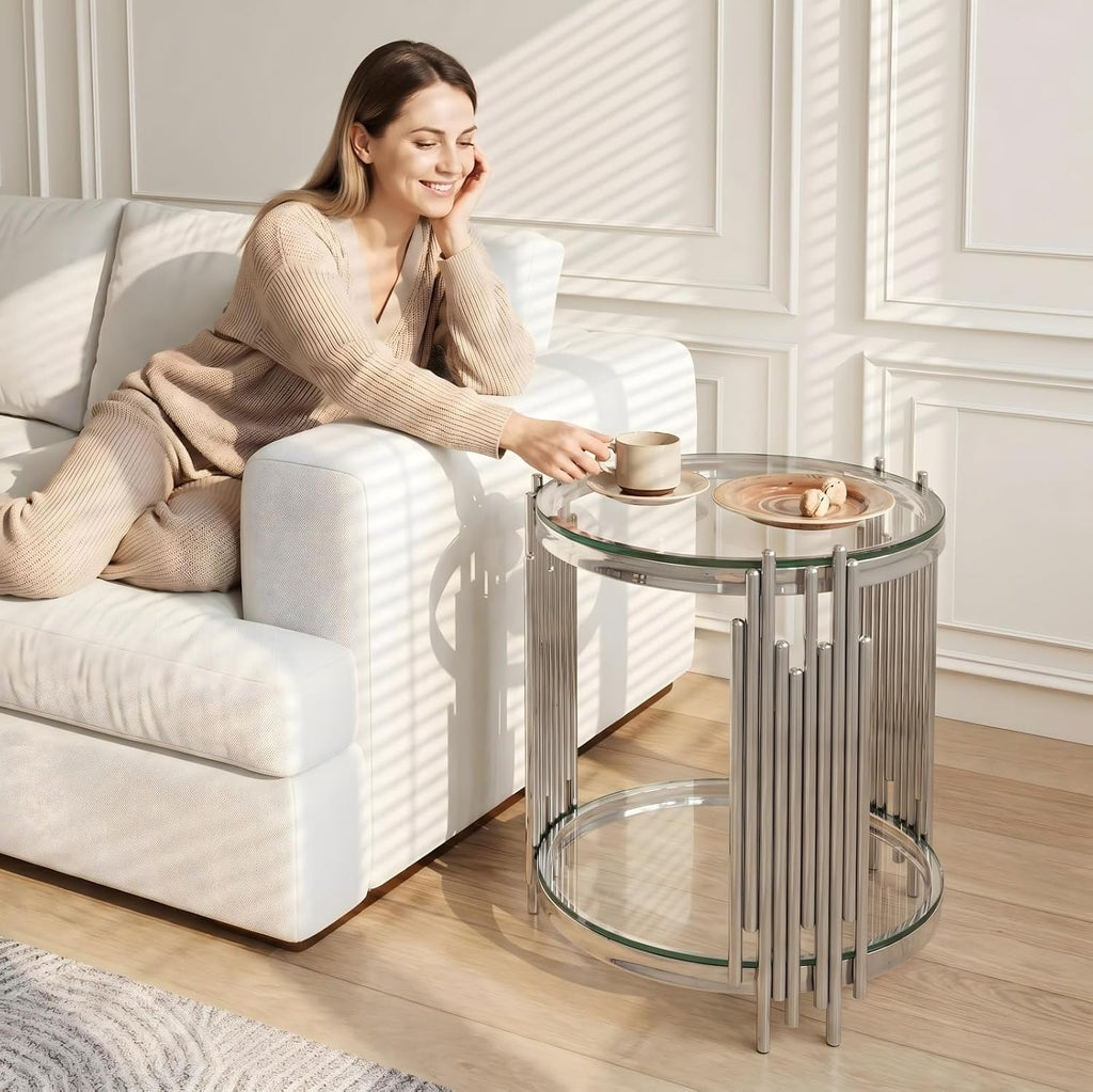 19.7" Luxury Round Silver End Table with 2-Tier Clear Tempered Glass Shelves, Modern Sofa Bedside Table for Living Room Bedroom Home Office, Polished Stainless Steel Frame