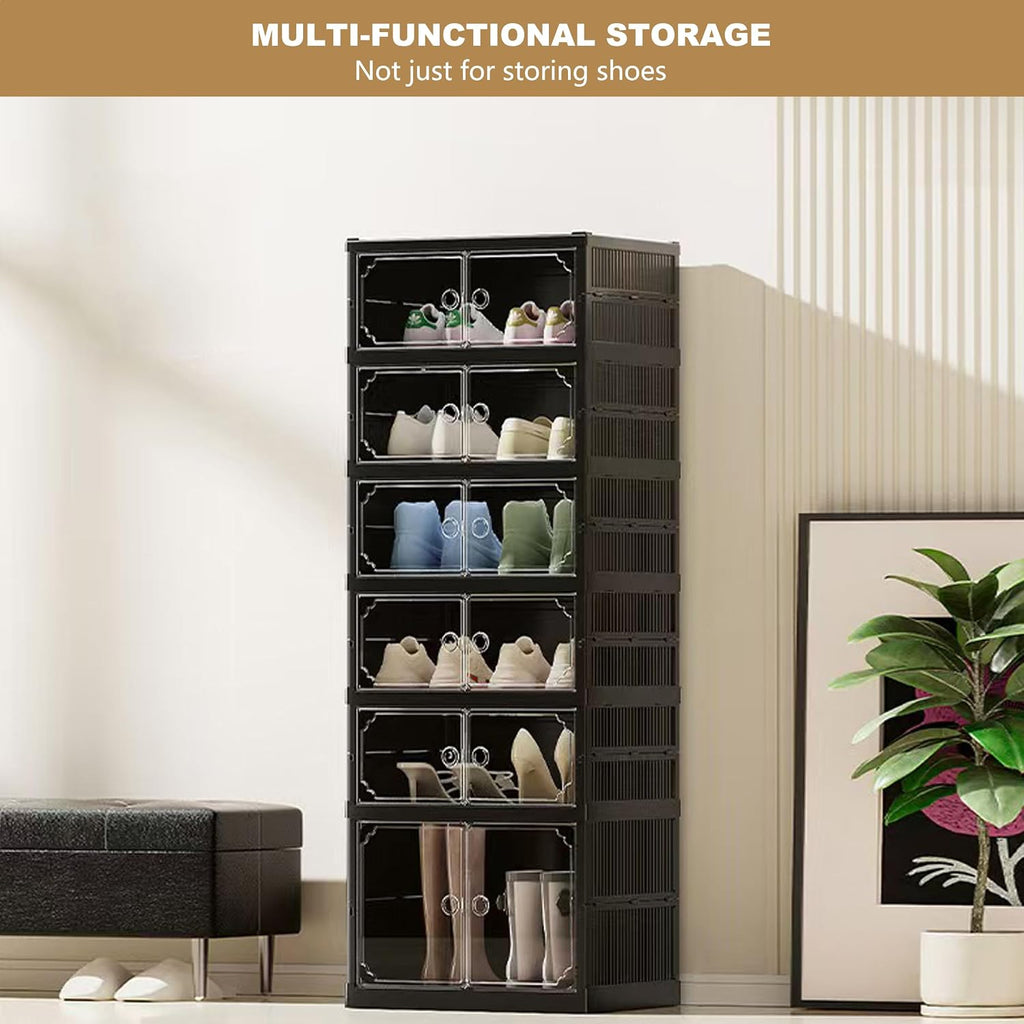 6 Tiers 12 Pairs Foldable Shoe Rack Storage Cabinet, Suitable for Closet Entryway, Collapsible Shoe Storage Organizer Cabinet with Magnetic Door，Easy Assembly (Black, 13.7x17.3x47.2)