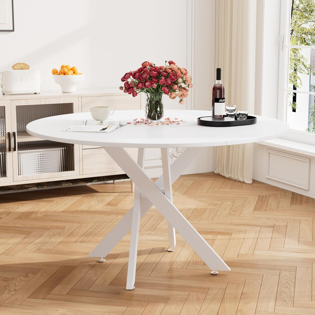 RGZ 47" White Round Kitchen Table for 4-6, Modern Save Space Wooden Circle Dining Table with Intersecting Metal Pedestal, Coffee Table for Break Room, Dining Room, Living Room