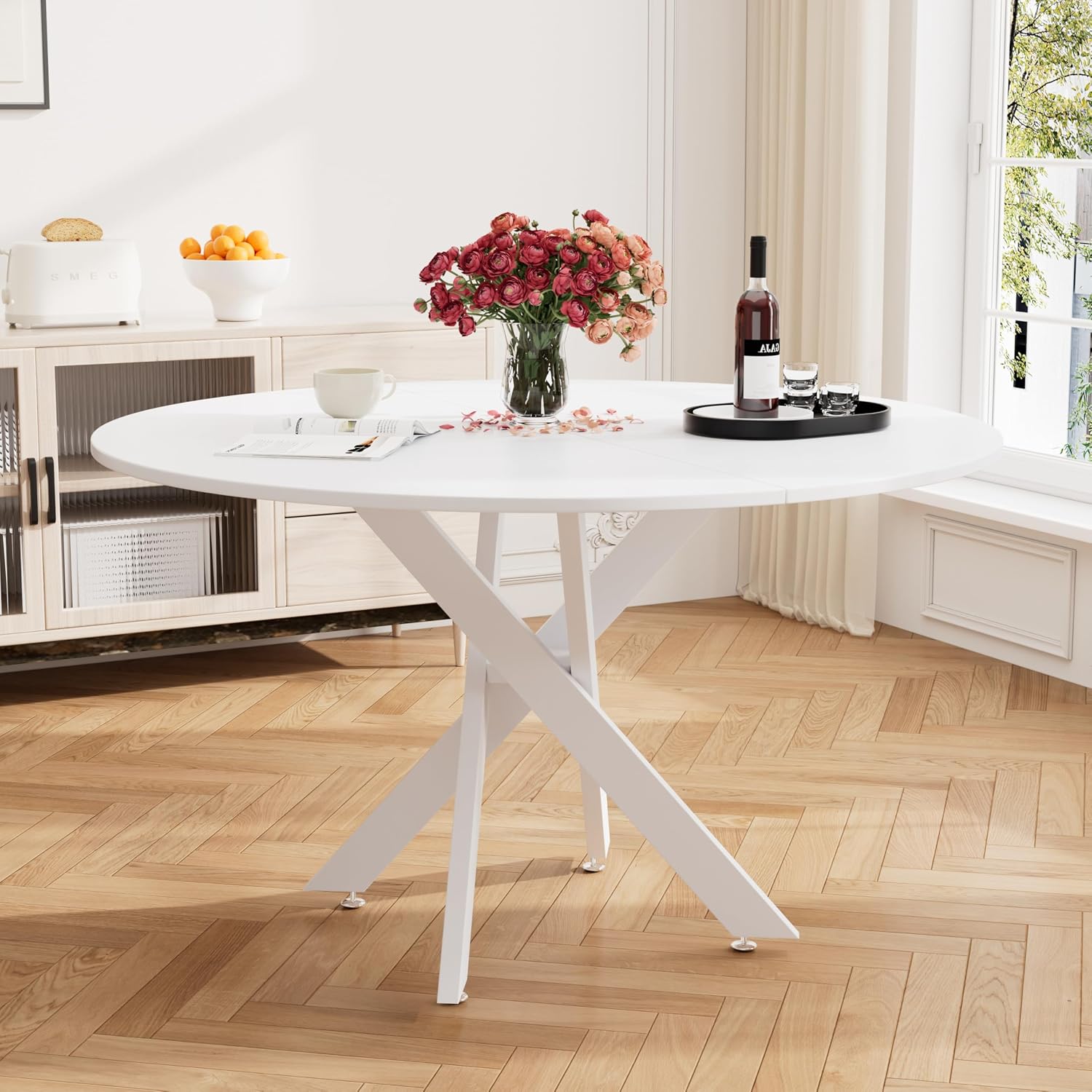 RGZ 47" White Round Kitchen Table for 4-6, Modern Save Space Wooden Circle Dining Table with Intersecting Metal Pedestal, Coffee Table for Break Room, Dining Room, Living Room