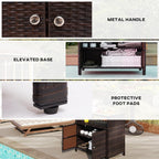 Outsunny Wicker Outdoor Storage Cabinet, Rattan Bar Table with Acacia Wood Countertop, 2 Doors and Shelf, Buffet Cabinet Sideboard for Poolside, Garden, Patio, Backyard, Brown