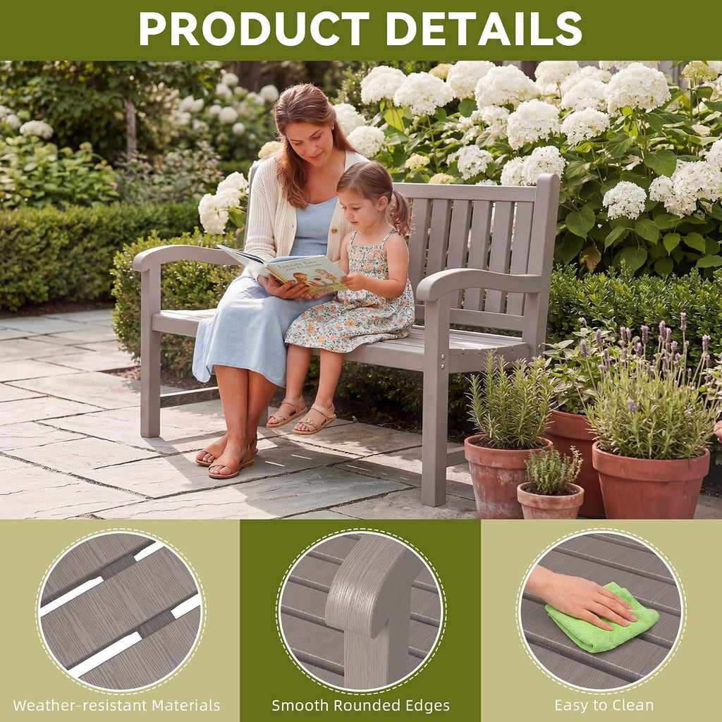 Outdoor Bench, 2-Person Outdoor Benches Weatherproof, 600 lbs Weight Capacity, Low Maintenance, Garden Bench for Patio, Park, Porch, Backyard, Balcony(Grey)