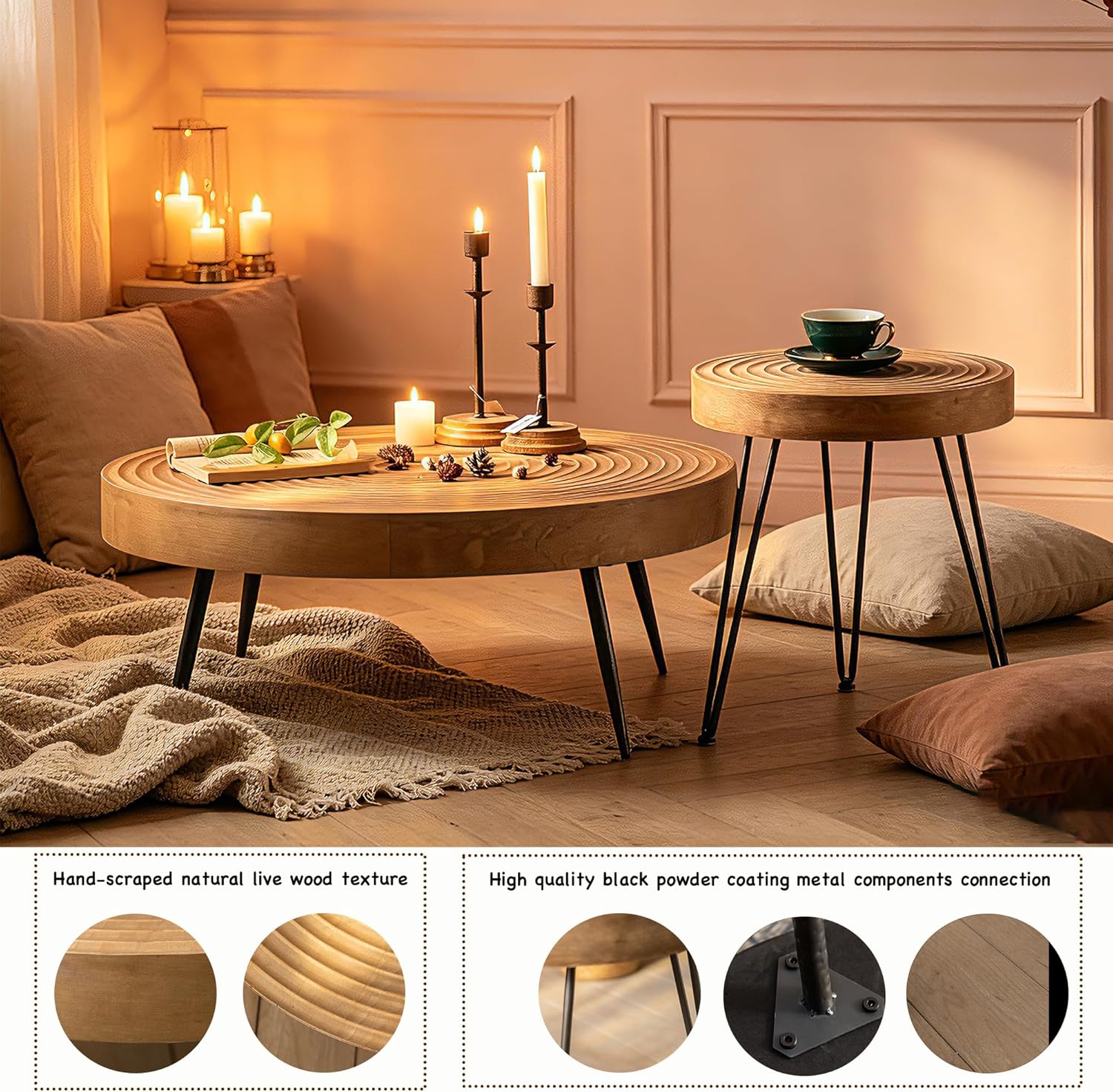 Round Wooden Side Table, 16" Diameter Tall End Table with Grooved Top & Black Metal Legs, Rustic Industrial Accent Table for Living Room, Bedroom & Small Spaces, Sold Individually