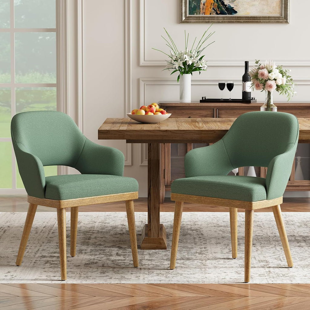 MALOL Wooden Dining Chairs Set of 2, Modern Fabric Upholstered Dining Room Chair, Kitchen Side Chairs, Farmhouse Dinner Chair with Open Back for Kitchen, Green
