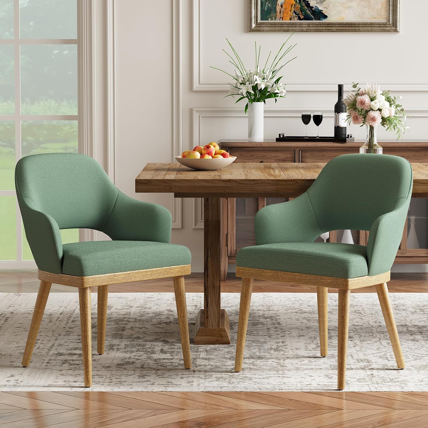 MALOL Wooden Dining Chairs Set of 2, Modern Fabric Upholstered Dining Room Chair, Kitchen Side Chairs, Farmhouse Dinner Chair with Open Back for Kitchen, Green