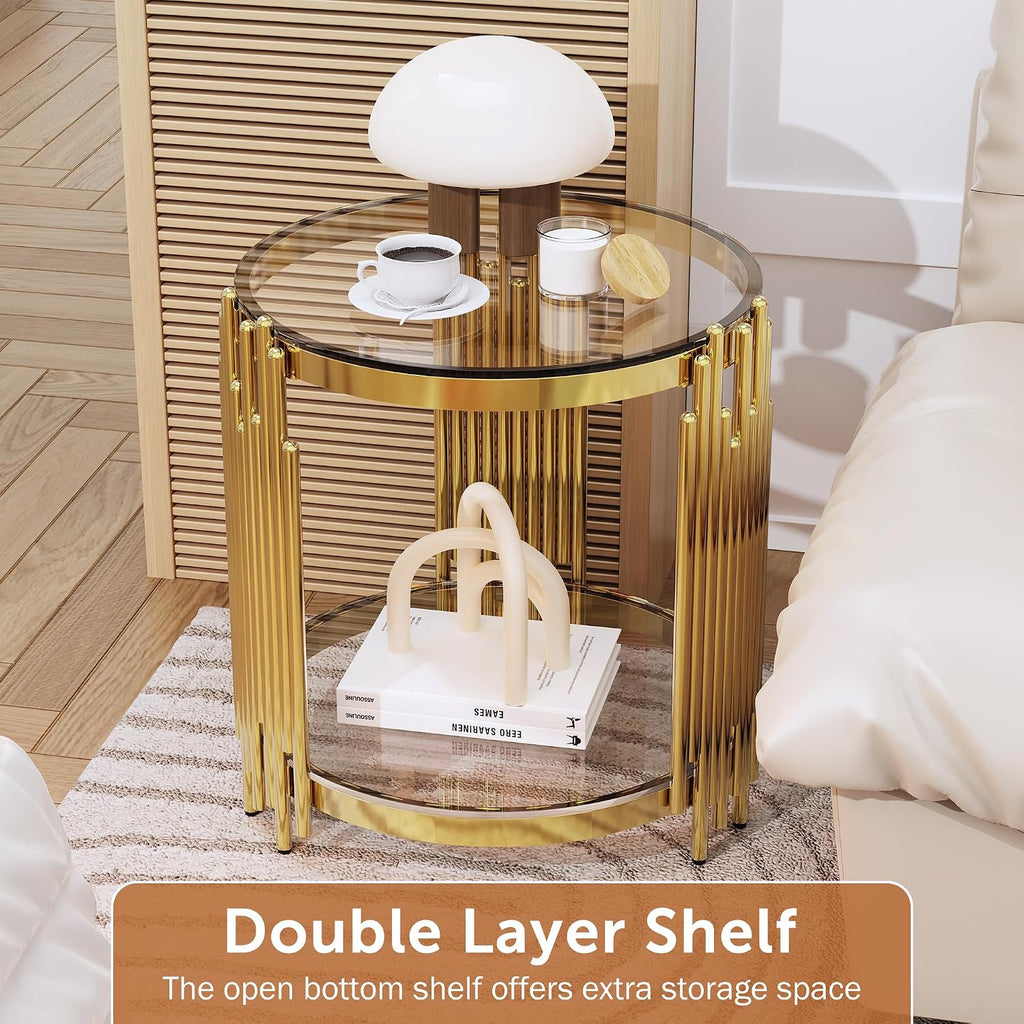 Luxury Gold Round Glass End Table Set of 2, 19.7" Modern Side Table with Stainless Steel Irregular Leg Clear Tempered Glass Tabletop, Accent Furniture for Living Room, Clear
