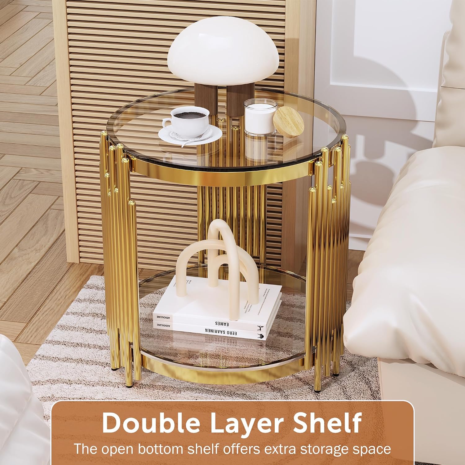 Luxury Gold Round Glass End Table Set of 2, 19.7" Modern Side Table with Stainless Steel Irregular Leg Clear Tempered Glass Tabletop, Accent Furniture for Living Room, Clear