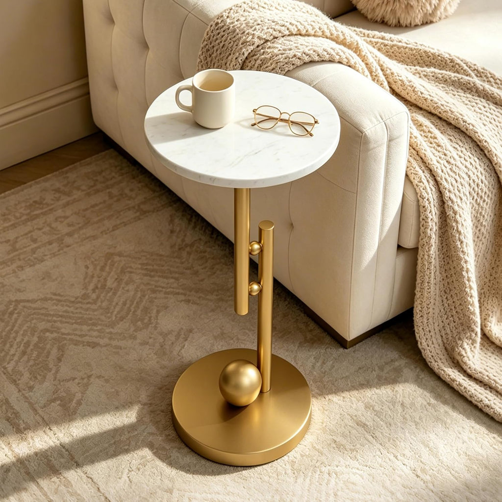 Small Marble End Table, Round Side Table, Modern Drink Table, Pedestal Accent Table for Living Room, Bedroom, Sofa Side, Nightstand for Small Spaces, Easy Assembly, White and Gold