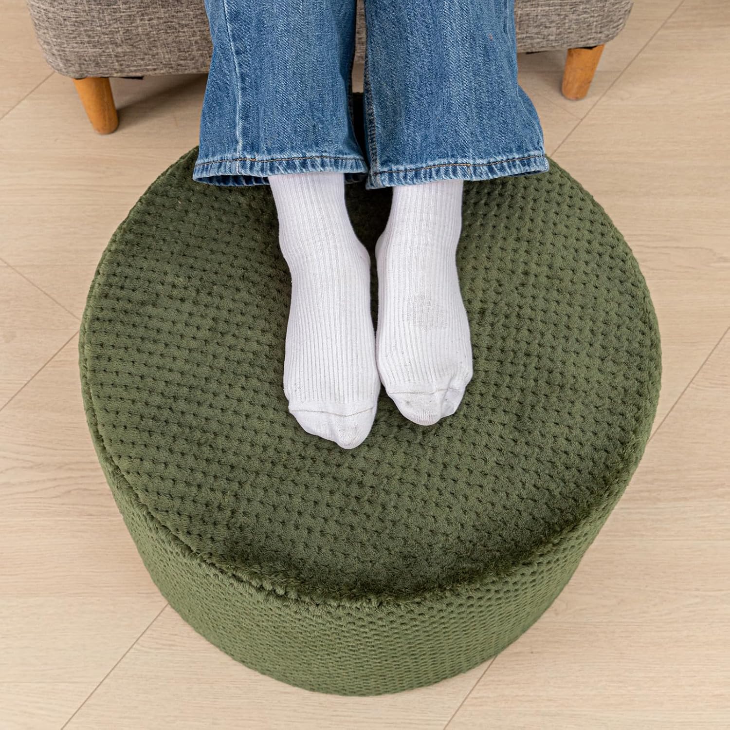 Poofieotto 20"x14" Round Foam Stuffed Pouf Ottoman - Modern Floor Foot Rest & Seating for Living Room, Bedroom, or Couch - Stylish Home Decor Accent (Deep Green)