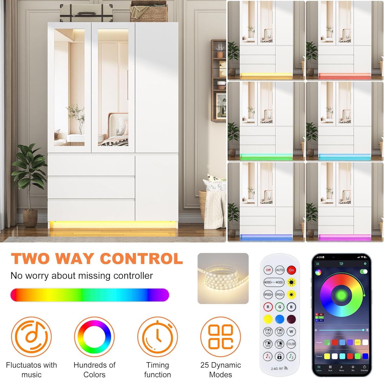 75"H Tall Modern 3 Doors Wooden Armoire Wardrobe Closet with 3 Drawers & 2 Mirror,Clothing Storage Cabinet with Hanging Rod,Bedroom Large Freestanding Armoires with Led Lights for Bedroom,White