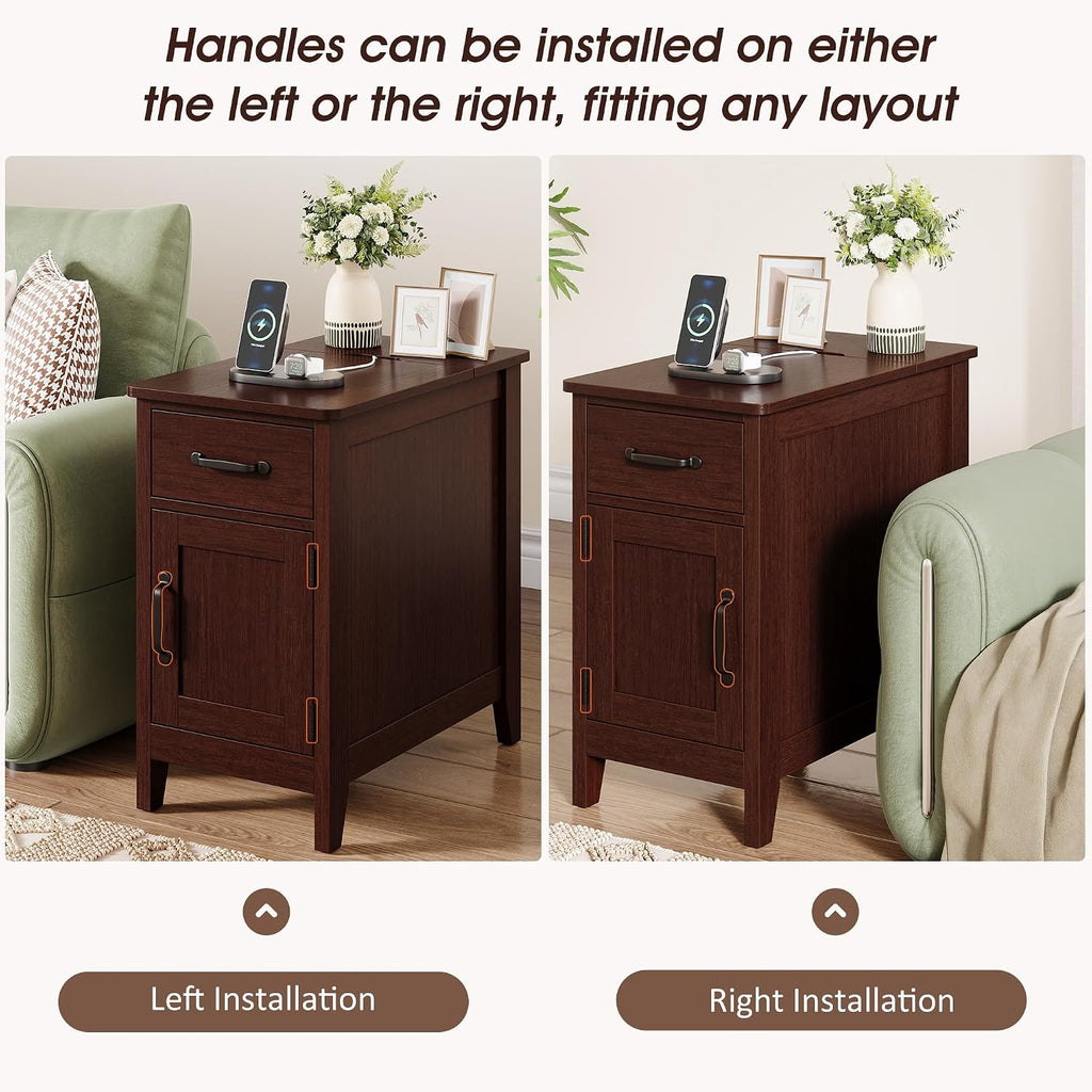 Side Table Set of 2 with Charging Station, 23.6" Tall End Table with Flip-Top Hidden Outlets & USB-C Port, Narrow Nightstand with Drawer and Storage Cabinet for Bedroom, Living Room,Small Spaces