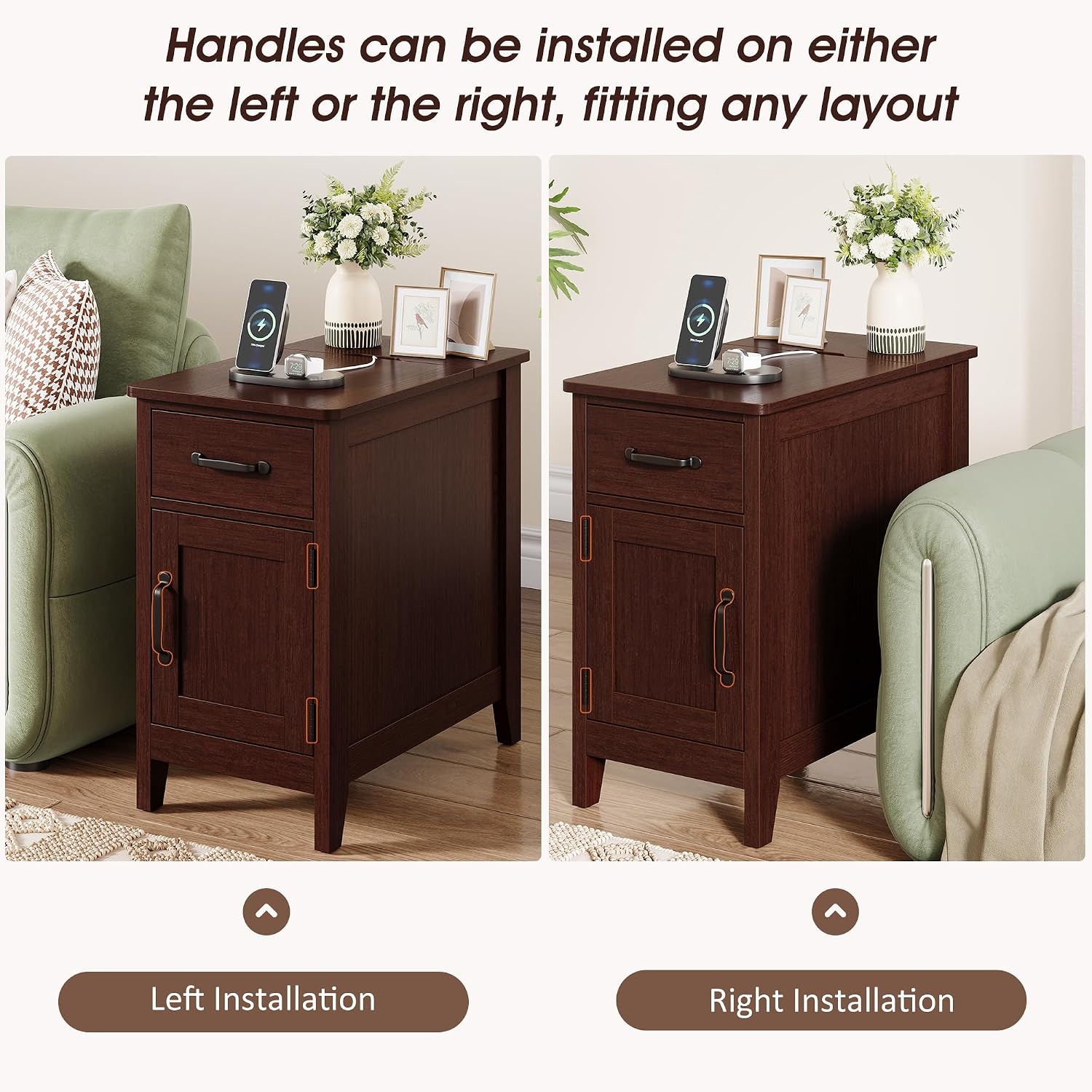 Side Table Set of 2 with Charging Station, 23.6" Tall End Table with Flip-Top Hidden Outlets & USB-C Port, Narrow Nightstand with Drawer and Storage Cabinet for Bedroom, Living Room,Small Spaces
