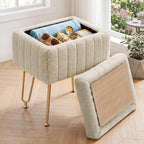 DUMOS Vanity Stool Chair with Storage, Small Ottoman Faux Fur Soft Padded Footstools Seat with 4 Metal Legs Anti-Slip Adjustable Feet Modern Footrest for Home Entryway Bedroom Makeup Camel