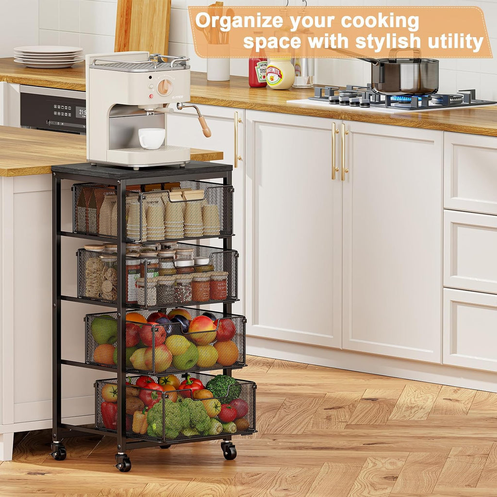 4-Tier Fruit Vegetable Storage Cart - Kitchen Organizer and Storage Cart with Wheels, Wooden Top Metal Wire Fruit Vegetable Rack Stand with Drawers to Storage Cans Snacks for Kitchen(Patent Pending)