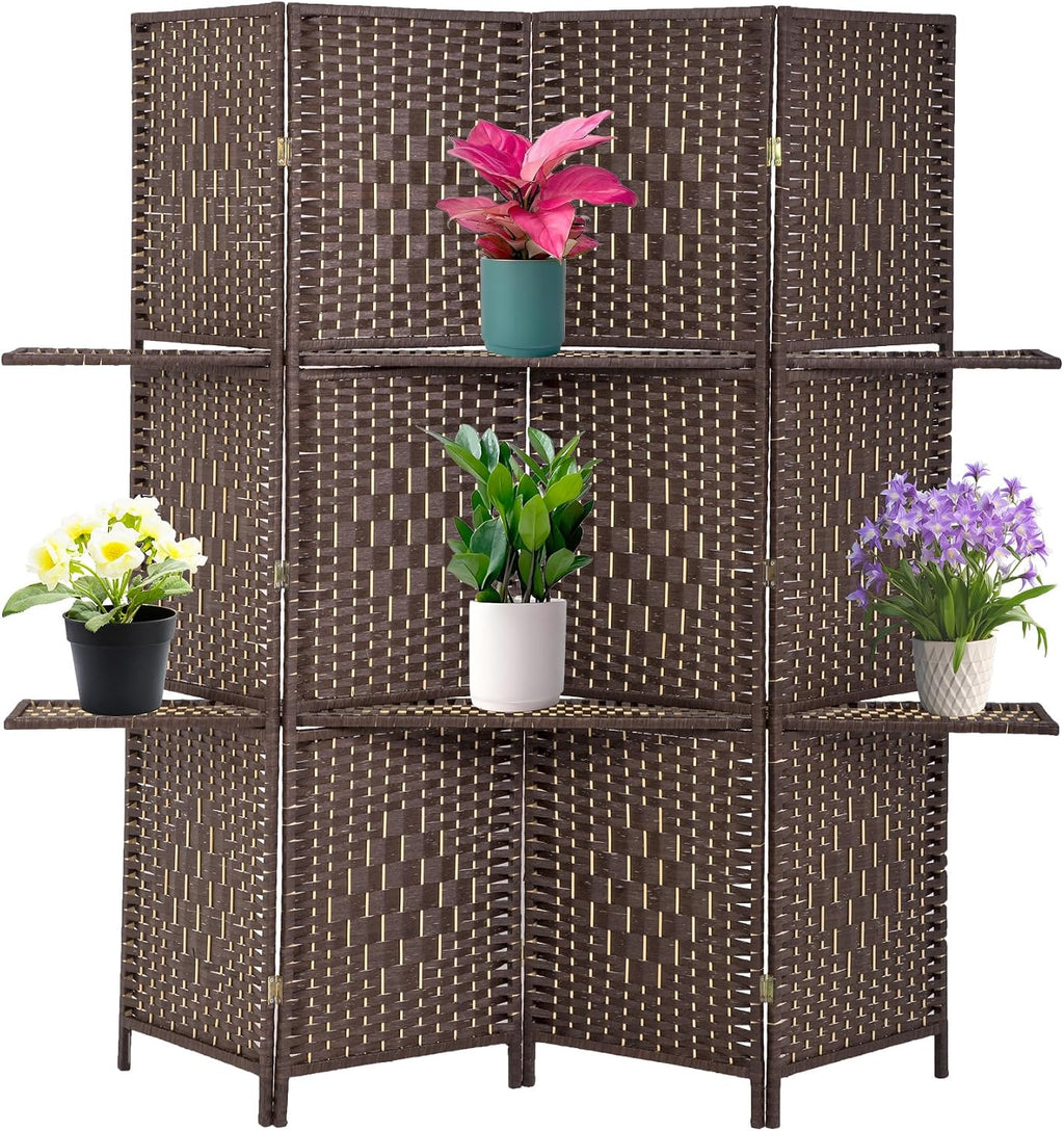 FDW Room Divider 4 Panel Wooden Screen Folding Portable Partition Screens Wood with Removable Storage Shelves Color, Dark Brown