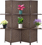 FDW Room Divider 4 Panel Wooden Screen Folding Portable Partition Screens Wood with Removable Storage Shelves Color, Dark Brown