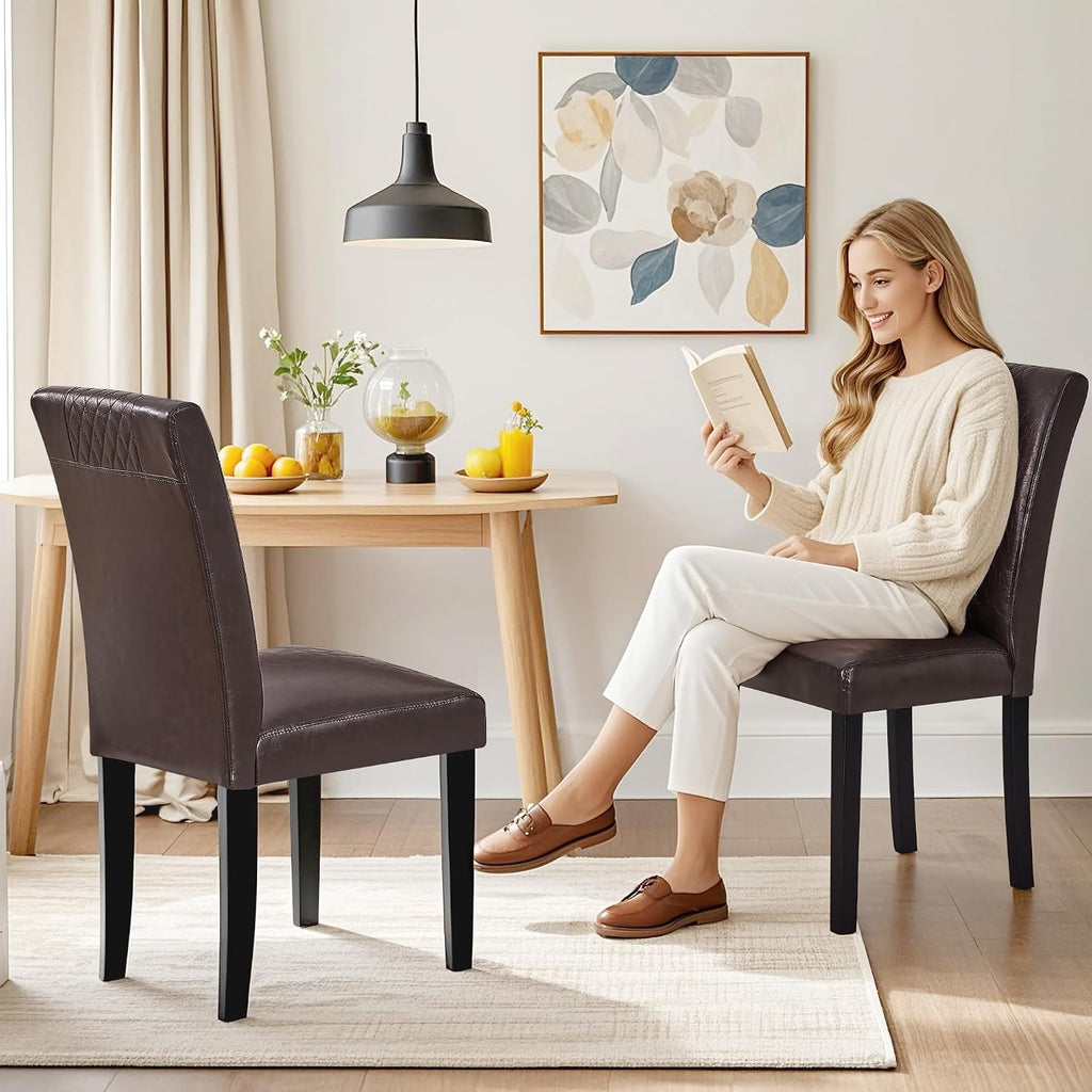 VECELO Dining Chairs Set of 6, Upholstered PU Leather Wood Legs High Back for Kitchen Living Room, Coffee