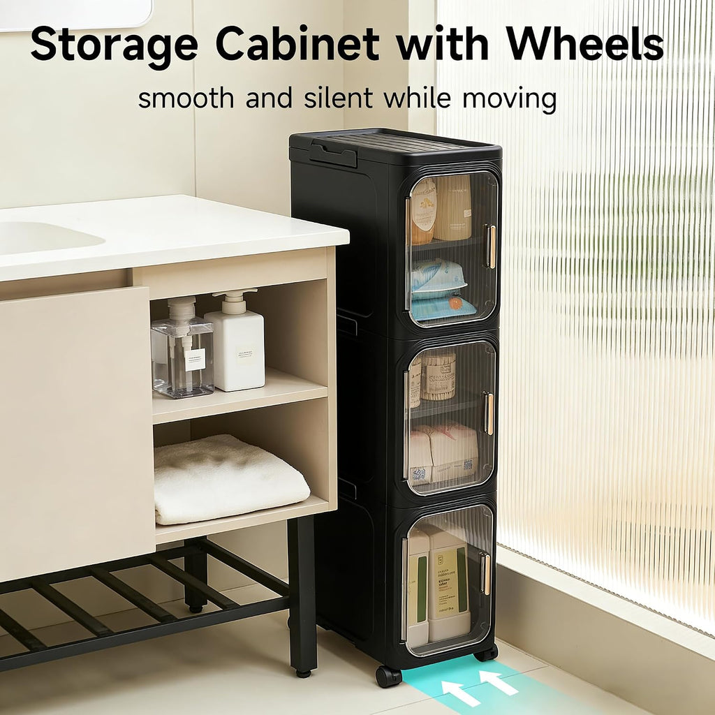 UFORU 4-Tier Tall Narrow Storage Cabinet- Plastic Slim Bathroom Storage Organizer with Magnetic Doors,Adjustable Shelves&Movable Wheels, Foldable Skinny Cabinet for Small Spaces,Kitchen, Black