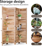FDW 4 Panel Room Divider Folding Privacy Wooden Screen with Three Clever Shelf Portable Partition Wood Divider for Home Office, Natural Wood