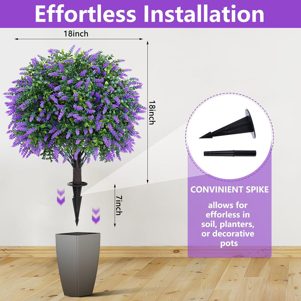Yangrass Artificial Lavender Topiary Ball Trees with Ground Spike, Set of 2 UV Resistant Artificial Shrubs, Fake Evergreen Artificial Plant Bush for Indoor Outdoor Front Porch Garden