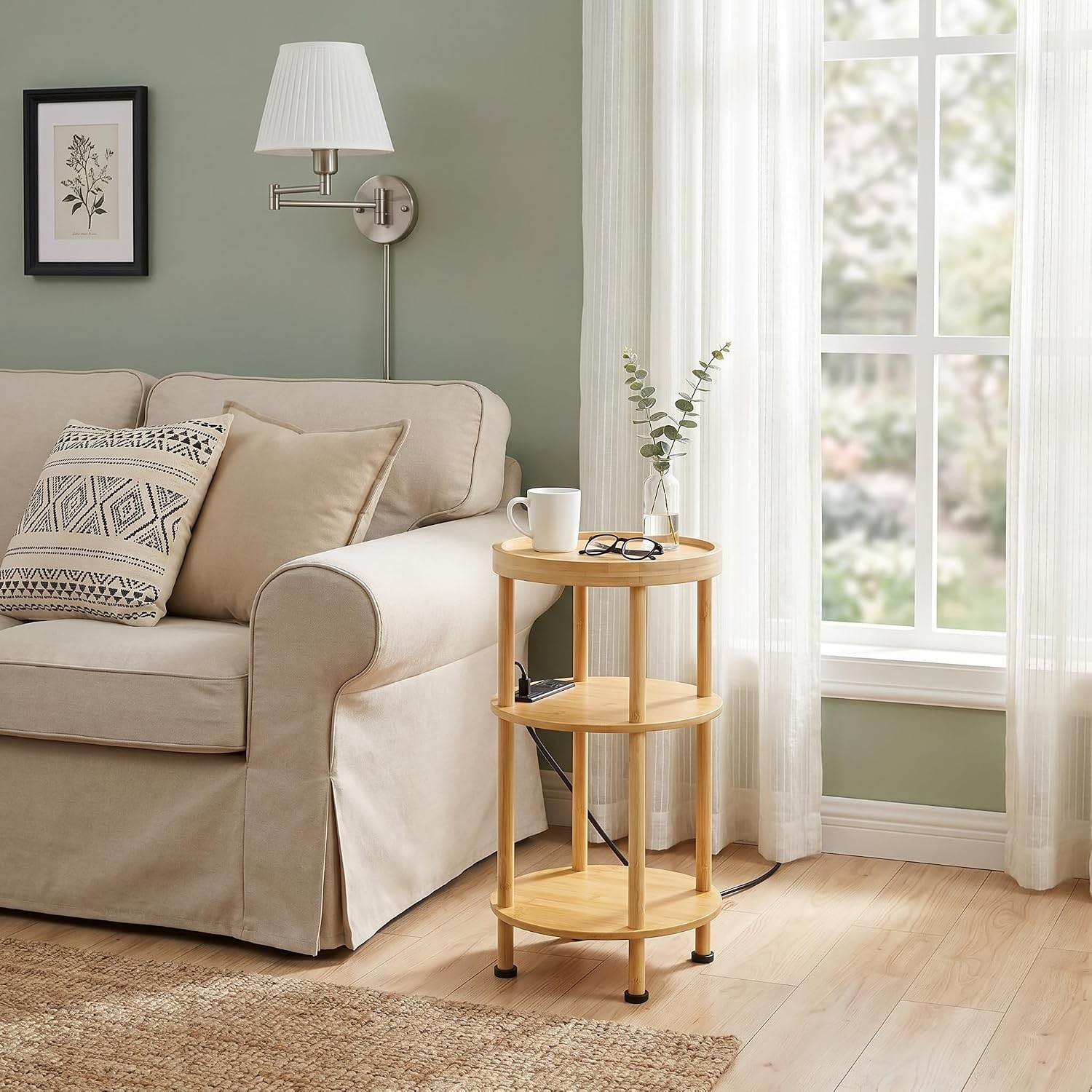3-Tier Bamboo Round Side Table with Charging Station, Small Round Bamboo End Table with USB Ports & Power Outlets - Corner Table Sofa End Table for Living Room, Bedroom (with Outlet, Natural)
