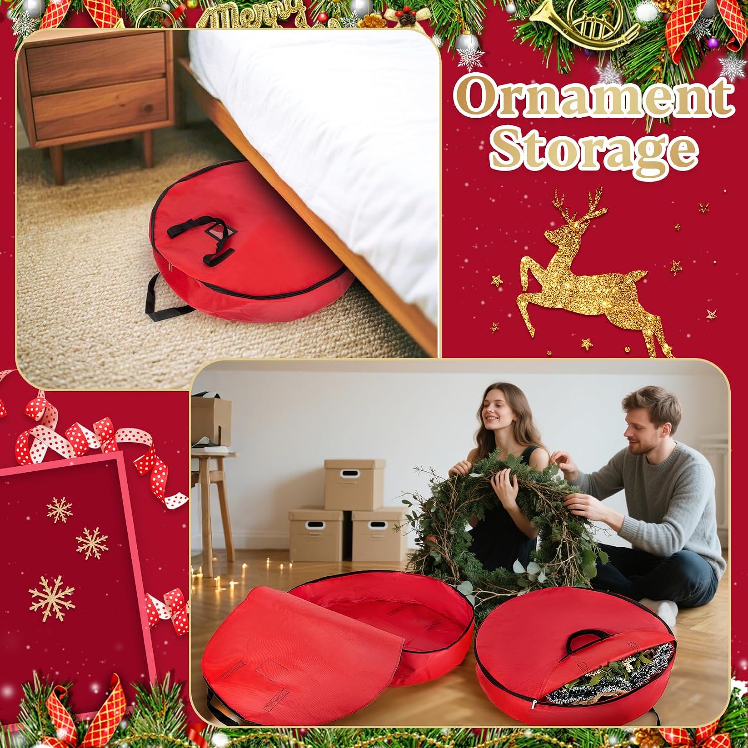 24 Inch RAINFLOW Christmas Wreath Storage Container - Heavy Duty Wreath Storage Bag With Handles Red Thickened Nonwoven Fabric Ideal For Household Organization Halloween Holiday Ornament Storage
