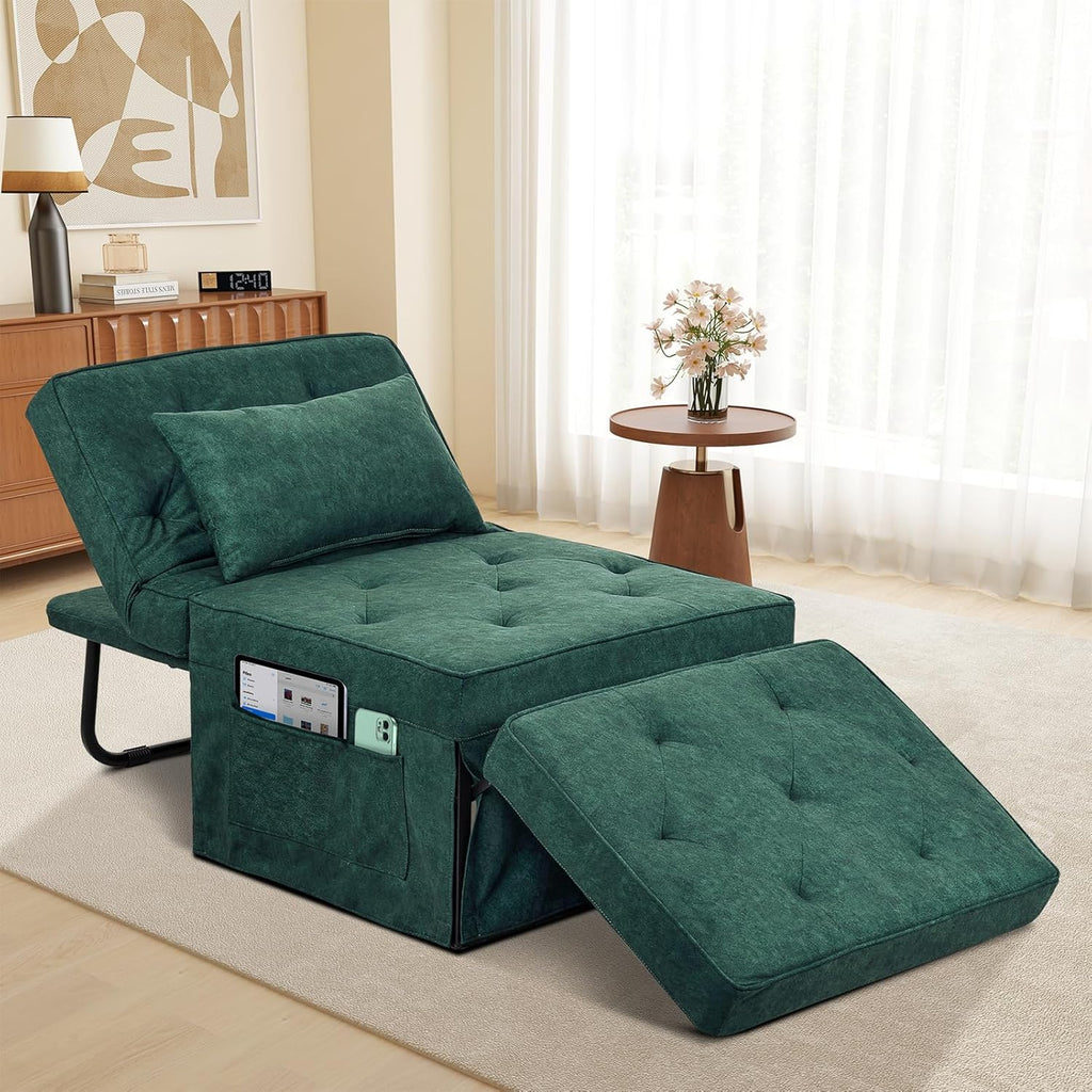 4-in-1 Multi-Functional Convertible Sofa Bed, Foldable Ottoman Sleeper Chaise with Adjustable Backrest, Modern Linen Convertible Futon Sofa Couch for Living Room (Green-28.7''D)