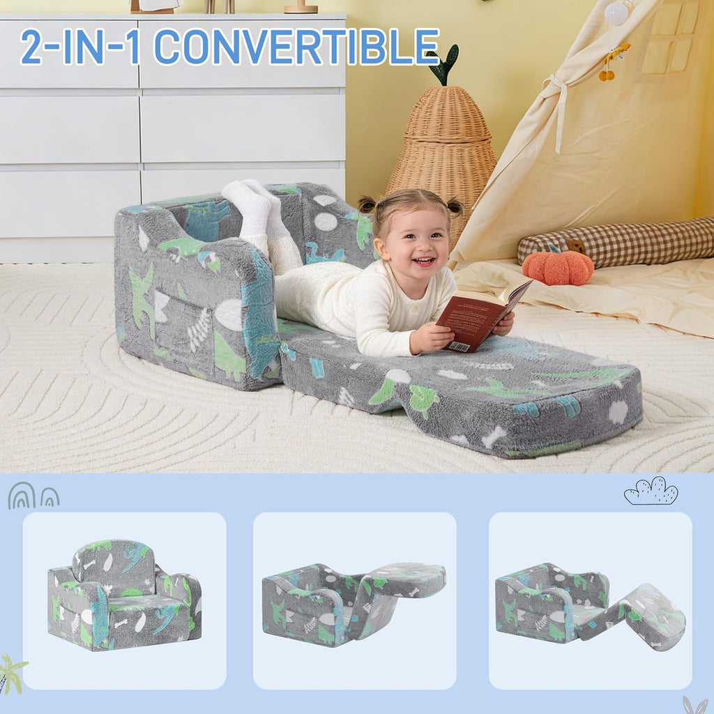 aodisman Thick Comfy Kids Chair and Couch, 2-in-1 Soft Foldable Plush Kids Sofa, Foam Seating for Reading and Play, Removable Washable Cover, Gray Dinosaur