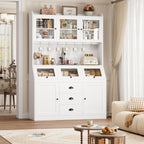 HIFIT 71.4” H Farmhouse Pantry Cabinet with 3 Bread Boxes and 7 Metal Hooks, 47.2” Wide Kitchen Hutch Cabinet with Storage and Glass Doors, White