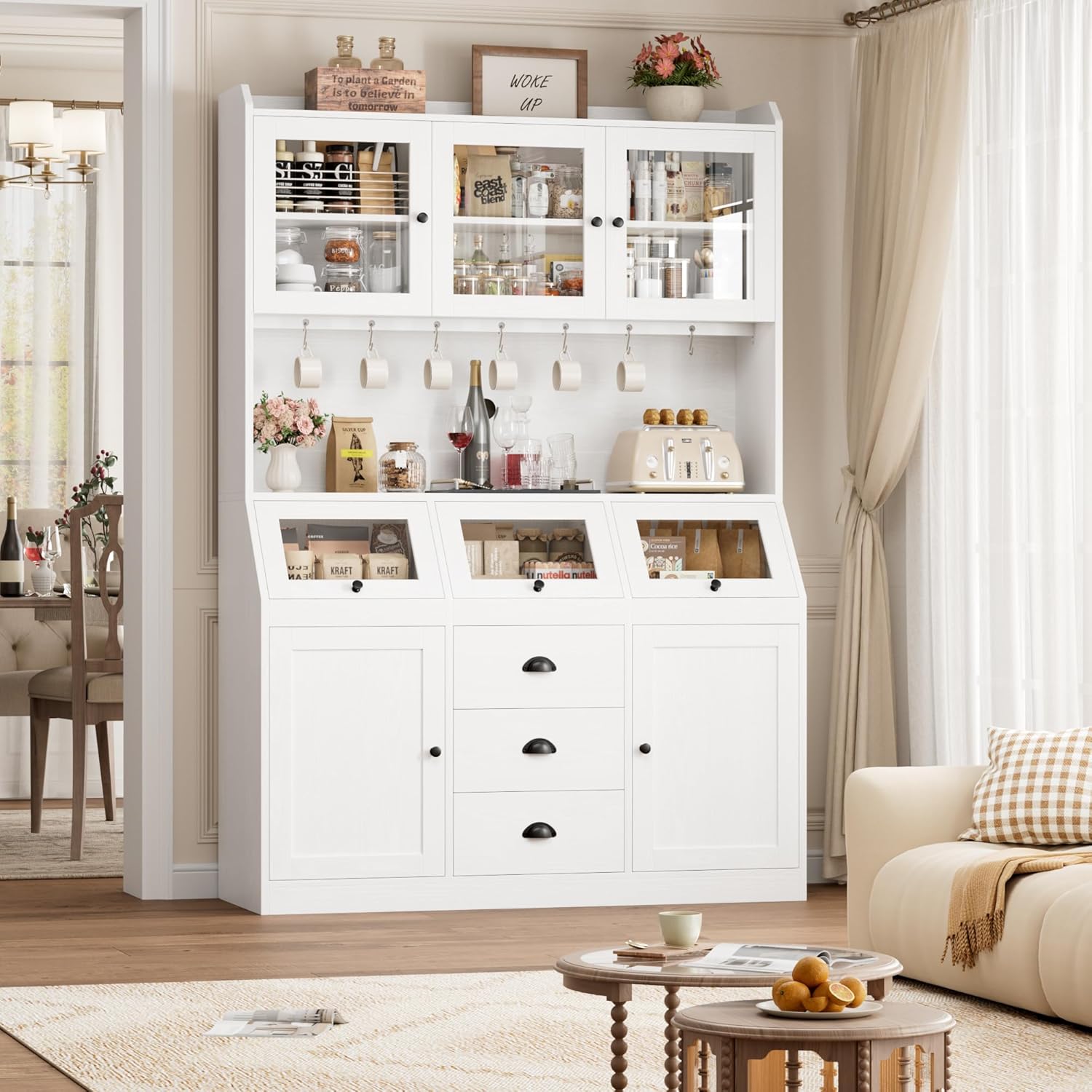 HIFIT 71.4” H Farmhouse Pantry Cabinet with 3 Bread Boxes and 7 Metal Hooks, 47.2” Wide Kitchen Hutch Cabinet with Storage and Glass Doors, White