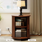 ONBRILL Round End Table Set of 2 with Charging Station, Mid Century Bedside Table with Sliding Door & 2 Tier Storage, Modern Nightstands Set of 2 for Living Room, Bedroom, Entryway, Walnut